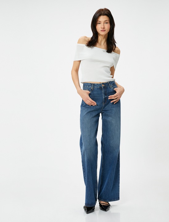 KOTON, Pulover striat cu decolteu pe umeri, Crem, L