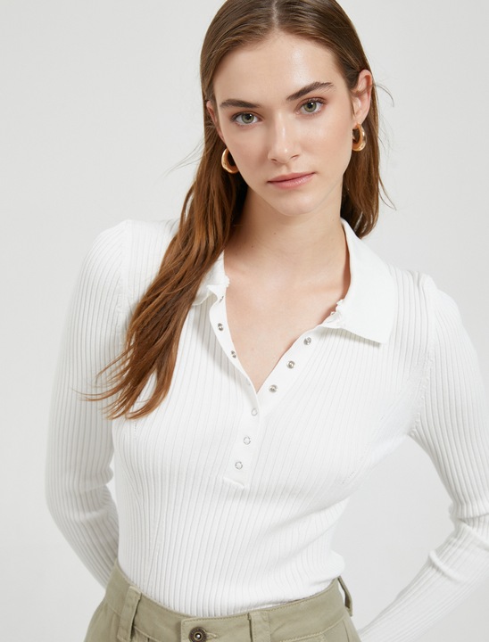 KOTON, Pulover polo cu fenta cu capse, Crem, XS