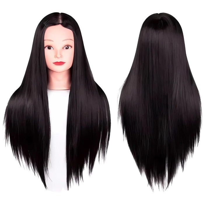 Cap de Manechin Profesional Promerco®, culoare negru, lungime de 70 cm, aspect natural, pentru exersat coafuri, impletituri