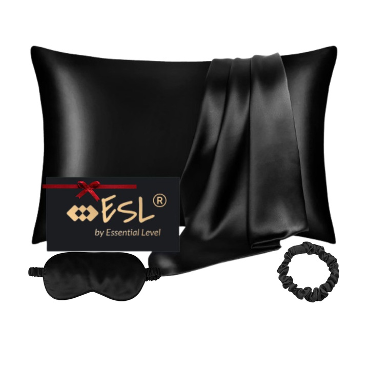 Комплект от 2 възглавници Premium 6A Mulberry Silk 50x75 см, маска за очи и ластик за коса ESL от Essential Level®, 22 мм естествена коприна и двете възглавници OEKO TEX Standard 100 Certified, скрит цип, черен