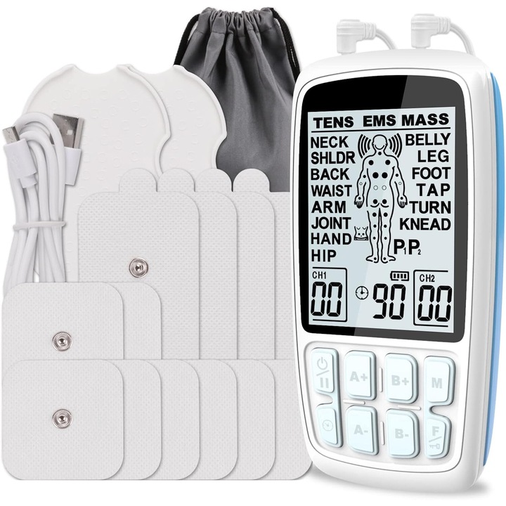 Aparat de Masaj cu Electrostimulare si Fizioterapie KoKoWill, Functii TENS si EMS, 2 Canale, 28 Programe, 40 Trepte de Intensitate, 4 Electrozi, Compact si Portabil, Alb