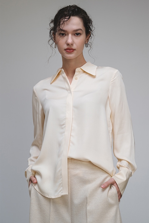 Stefanel, Camasa de satin cu maneci lungi, Crem, S