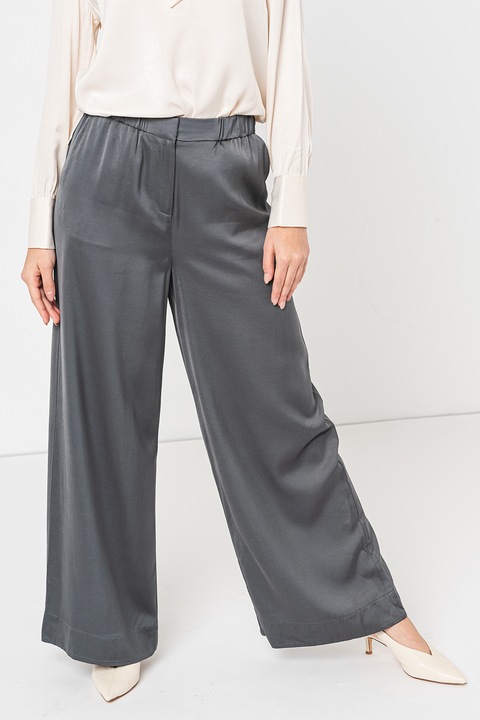Stefanel, Pantaloni de satin cu croiala ampla, Albastru petrol, L