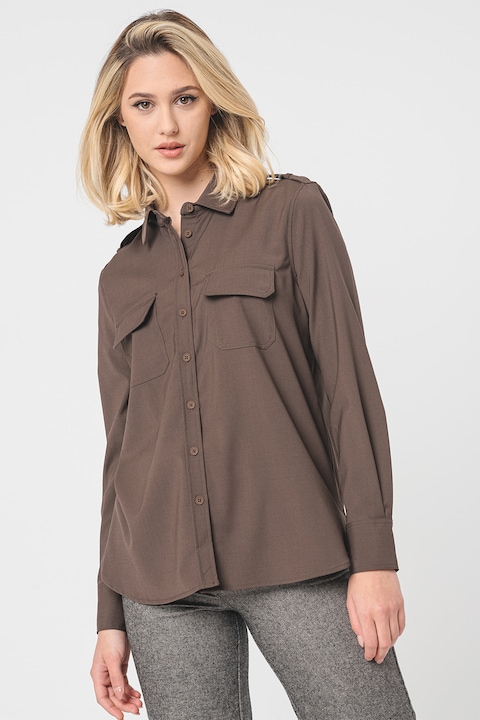 Stefanel, Camasa din amestec de lana cu epoleti, Maro inchis