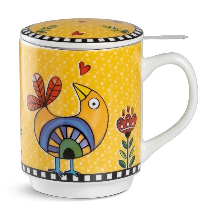 Cana cu infuzor si capac - Cocorico - Yellow, Portelan, 350 ml, Galben