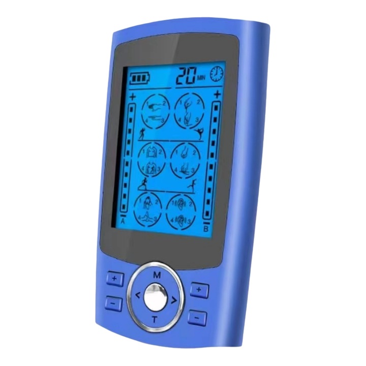 KoKoWill elektrostimulációs és fizioterápiás masszírozó, TENS és EMS funkciók, 2 csatorna, 24 üzemmód, 4 elektróda, 20 intenzitási fokozat, újratölthető akkumulátor, kompakt és hordozható, kék