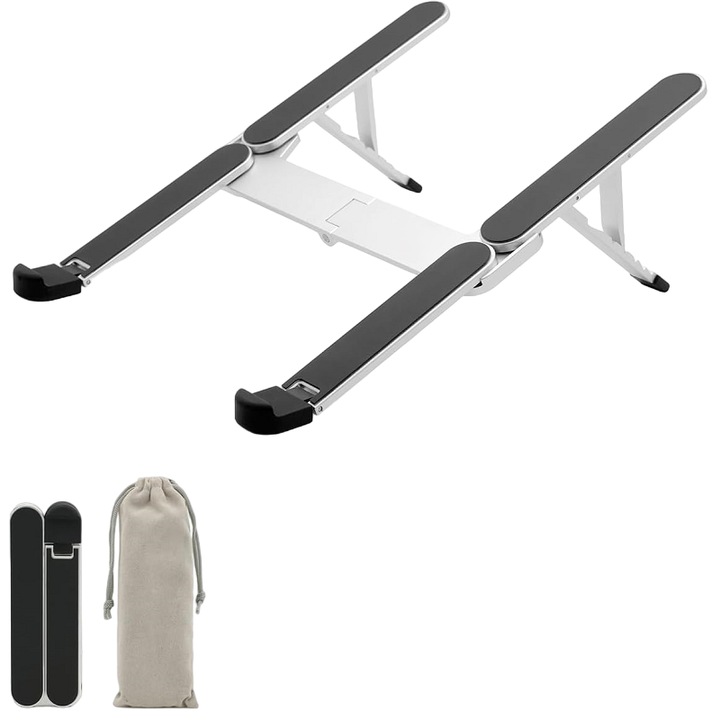 Suport laptop portabil, aluminiu, 6 unghiuri ajustabile, 12.7x4.4x2cm, argintiu