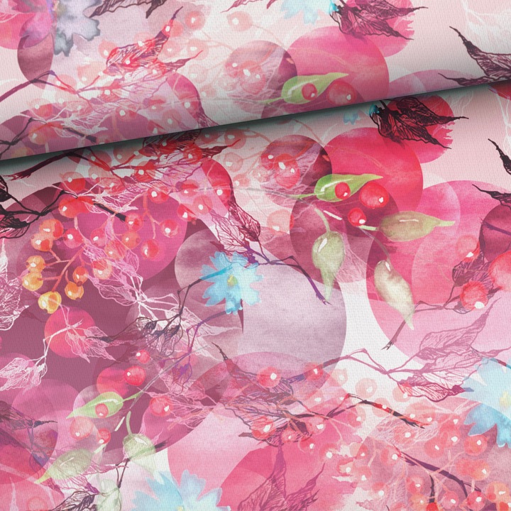 Material textil, Tricot jersey imprimat Abstract Fructe roz, bumbac 92%, elastan 8%