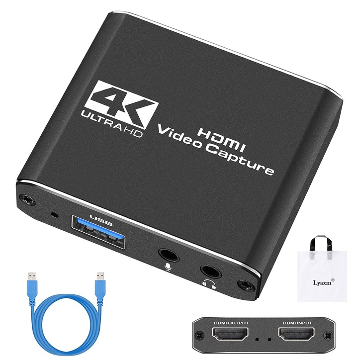 Lyaxm 1080p 60fps 4K HDMI Video Capture Card с порт за микрофон Съвместим с Nintendo Switch PS4 PC