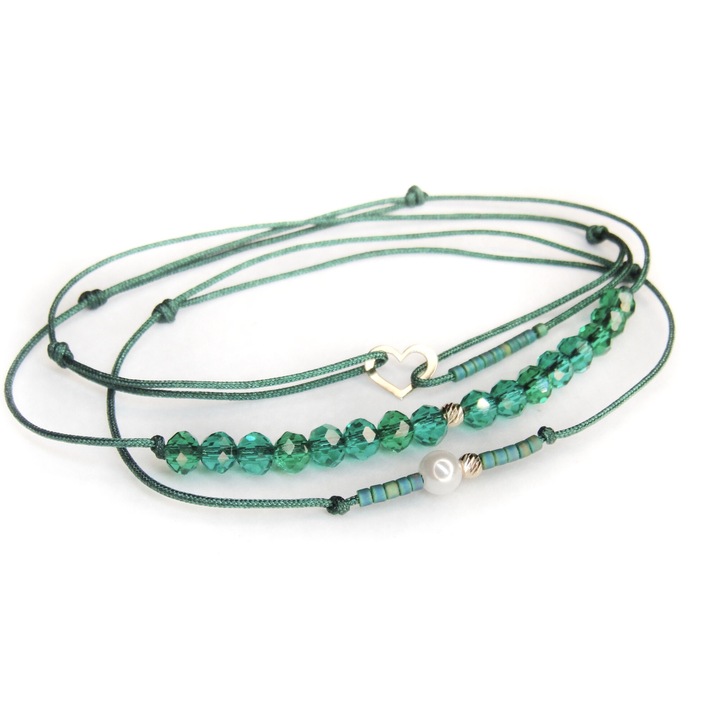 Set 3 bratari reglabile cu pandantiv si 2 bile de 2.5 mm din aur 14k, cristale sticla si margele miyuki