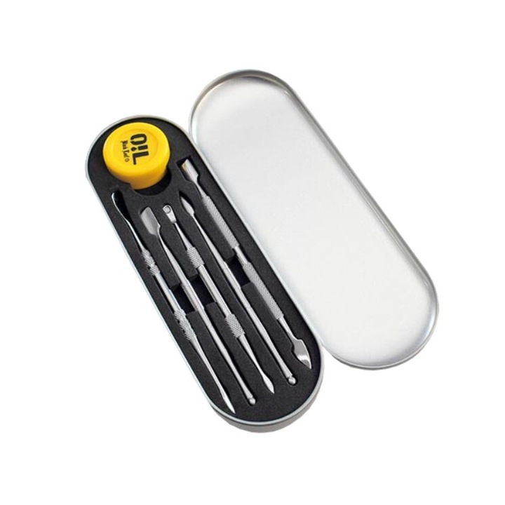 Set 5 ustensile otel inoxidabil, Silver, Black Leaf trusa completa pentru Bong, Pipe, concentrate, dabs, ulei, cutie silicon Fara lipire, colorata, cutie metalica