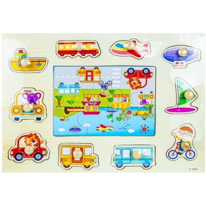 Puzzle Montessori din lemn Mixbo, tablita, transport si vehicule, 10 piese + puzzle 5 piese, 30 x 22.5 cm, multicolor