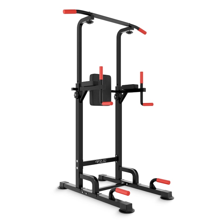 Bara de tractiune independenta PRO+, 4FIZJO, material otel, PU, spuma, manere antiderapante, antrenament la domiciliu, bara de dip, inaltime reglabila, diverse exercitii, sarcina maxima 150 kg, 180 × 63 × 220 cm, negru/rosu