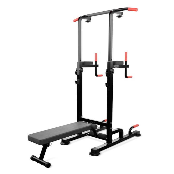 Aparat multifunctional, 4FIZJO, cu banca, dimensiuni 190 × 96 × 220 cm, calitate superioara, manopera solida si stabilitate, inaltime bara reglabila 180 - 220 cm, manere antiderapante, material Otel, Piele, Plastic, Spuma, Negru/Rosu