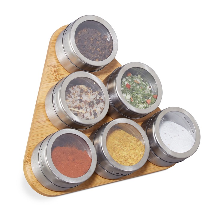 Set 6 recipiente condimente, Kraftpunkt®, cu suport din bambus, 18 x 21.5 x 15.5 cm