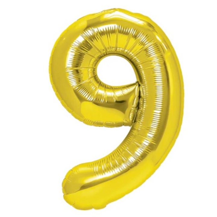 Балон Cyrax от метално фолио, Фигурка с числа, Тема за рожден ден 80 см, Индивидуална опаковка, Включена сламка, Надут с въздух или хелий, Златен, Номер 9