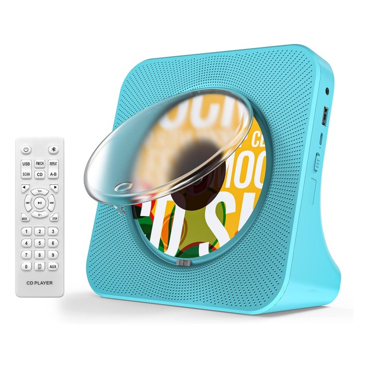 Мултифункционален преносим CD плейър, MOSMAOO®, Bluetooth, FM радио, USB/AUX, LCD екран, 3W, Вградени високоговорители HiFi, Дистанционно управление, Син