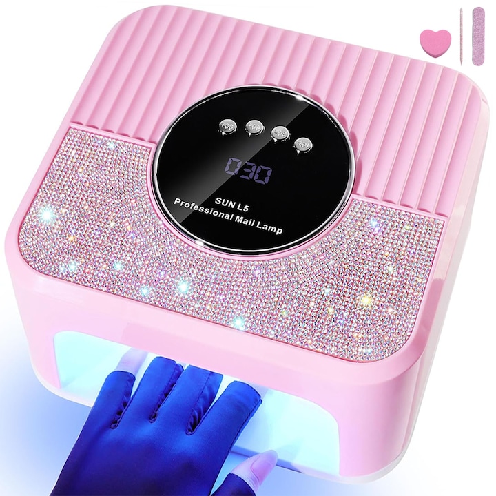Lampa Unghii UV LED, 268W, BYONDSELF®, 45 LED UV, cu Pila Unghii si Manusi pentru Manichiura, Uscare 10-99 Sec, Cablu 1M, Inductie Inteligenta, Profesionala, Roz