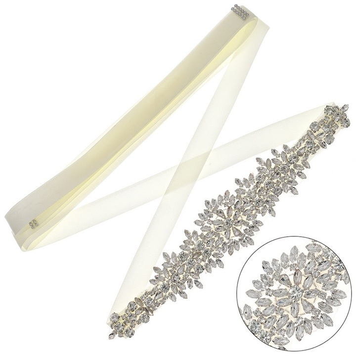 Булчински колан, BOMSTOM, сатенен колан с кристали, бял, 268x2см