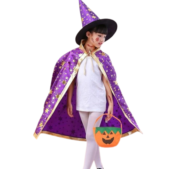 Costum de vrajitoare pentru copii, Set cu mantie, palarie, gentuta - dovleac si tatuaje, tinuta pentru Halloween, petrecere, bal mascat, marime univesala, Mov si auriu