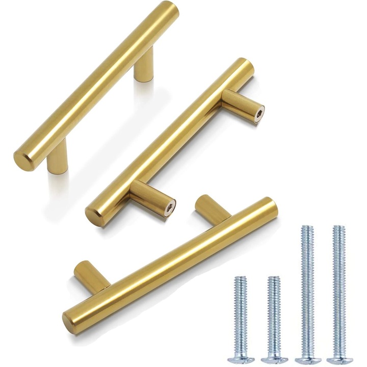 Set de 10 Manere pentru Mobilier, Probrico, din Otel Inoxidabil, in forma de T, Distanta gauri 76mm/Lungime 127mm, auriu