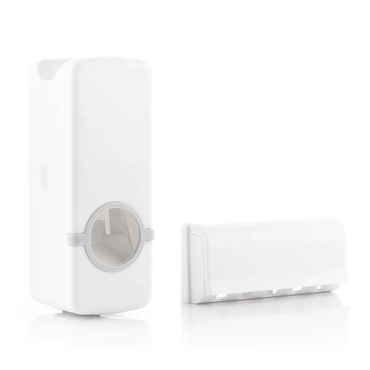 Set dispenser pasta de dinti cu suport pentru 5 periute de dinti, montare pe perete cu banda adeziva, alb
