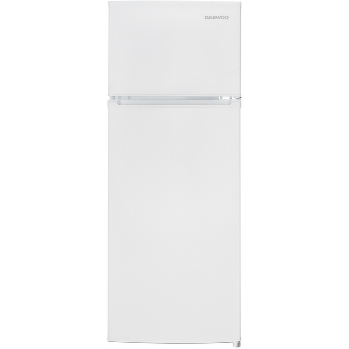 Frigider cu 2 usi Daewoo Static, congelatorul sus, volum net 204L, control mecanic, usi reversibile, raft pentru sticle, clasa E, Alb