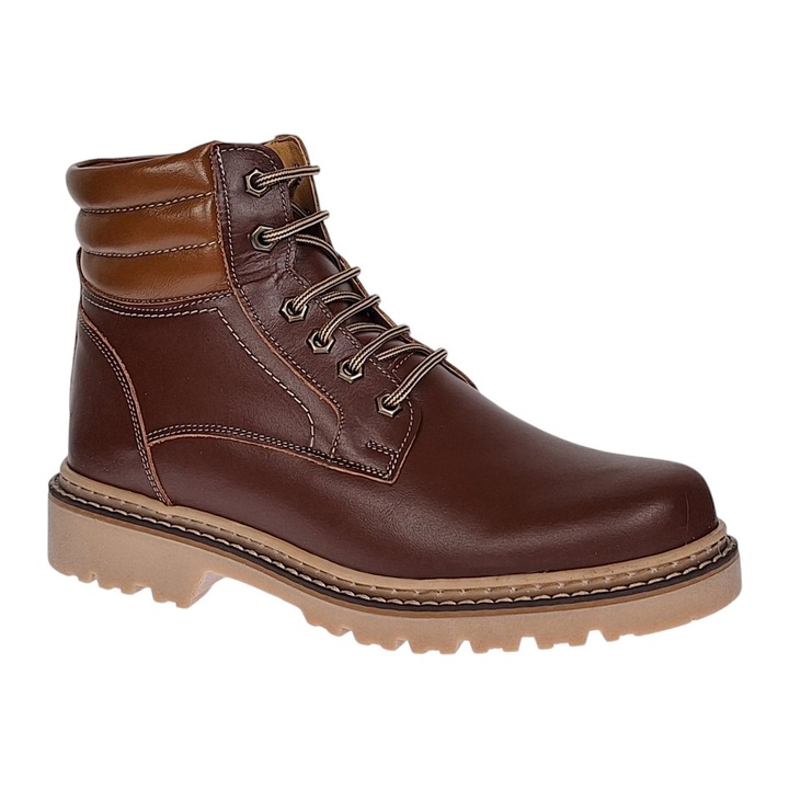 Bocanci barbati din piele naturala box imblaniti model iarna 200496, Maro cognac