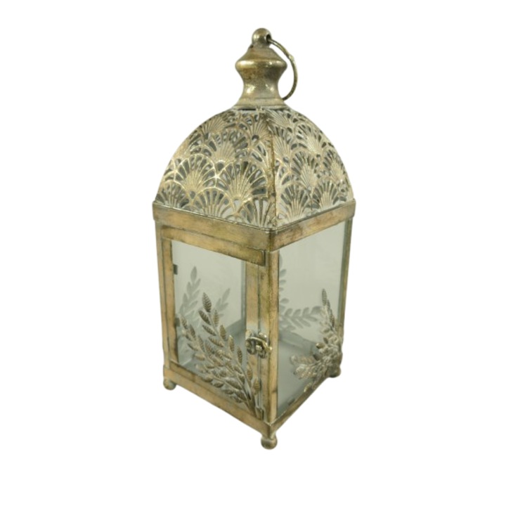 Felinar decorativ, auriu, fier si sticla, H 35 cm