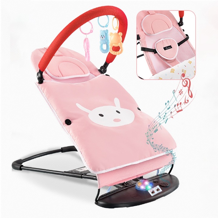 Balansoar pentru bebelusi, Momcbebe, cu muzica, suport pentru jucarii, paturica mica, roz, 77x38x58cm