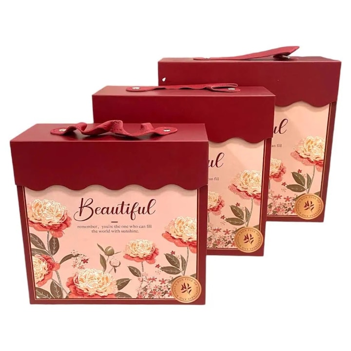 Set 3 cutii stil gentuta pentru cadouri cu maner - model 1 rosu, Createur