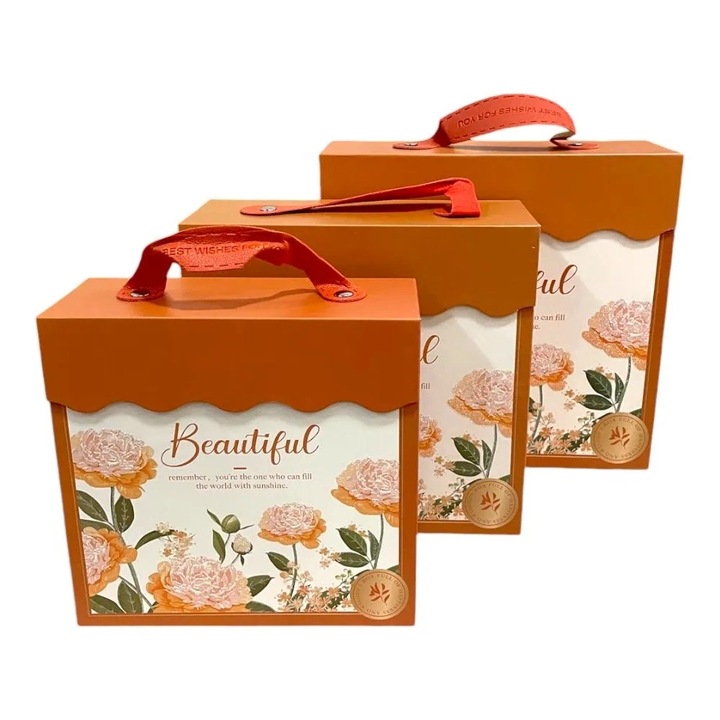 Set 3 cutii stil gentuta pentru cadouri cu maner - model 1 portocaliu, Createur