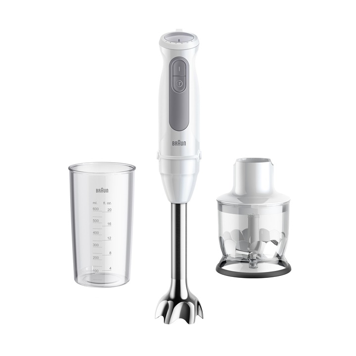 Вертикален миксер Braun MQ50201M, 1000 W, 21 степени на скорост, Turbo функция, Chopper 350 ml, Градуирана чаша 600 ml, Бяло/Сиво
