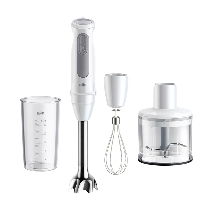 Пасатор Braun MQ50236M, 1000 W, 21 степени на скорост, Turbo функция, Chopper 500 мл, Тел, Градуиран съд 600 мл, Бял/Сив