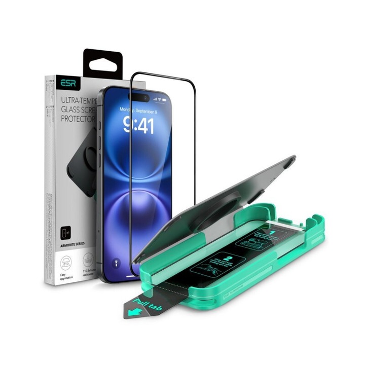 Folie Protectie Sticla Premium Esr Armorite Compatibila Cu iPhone 16 Pro, Sistem De Aplicare Inclus, Montaj Usor