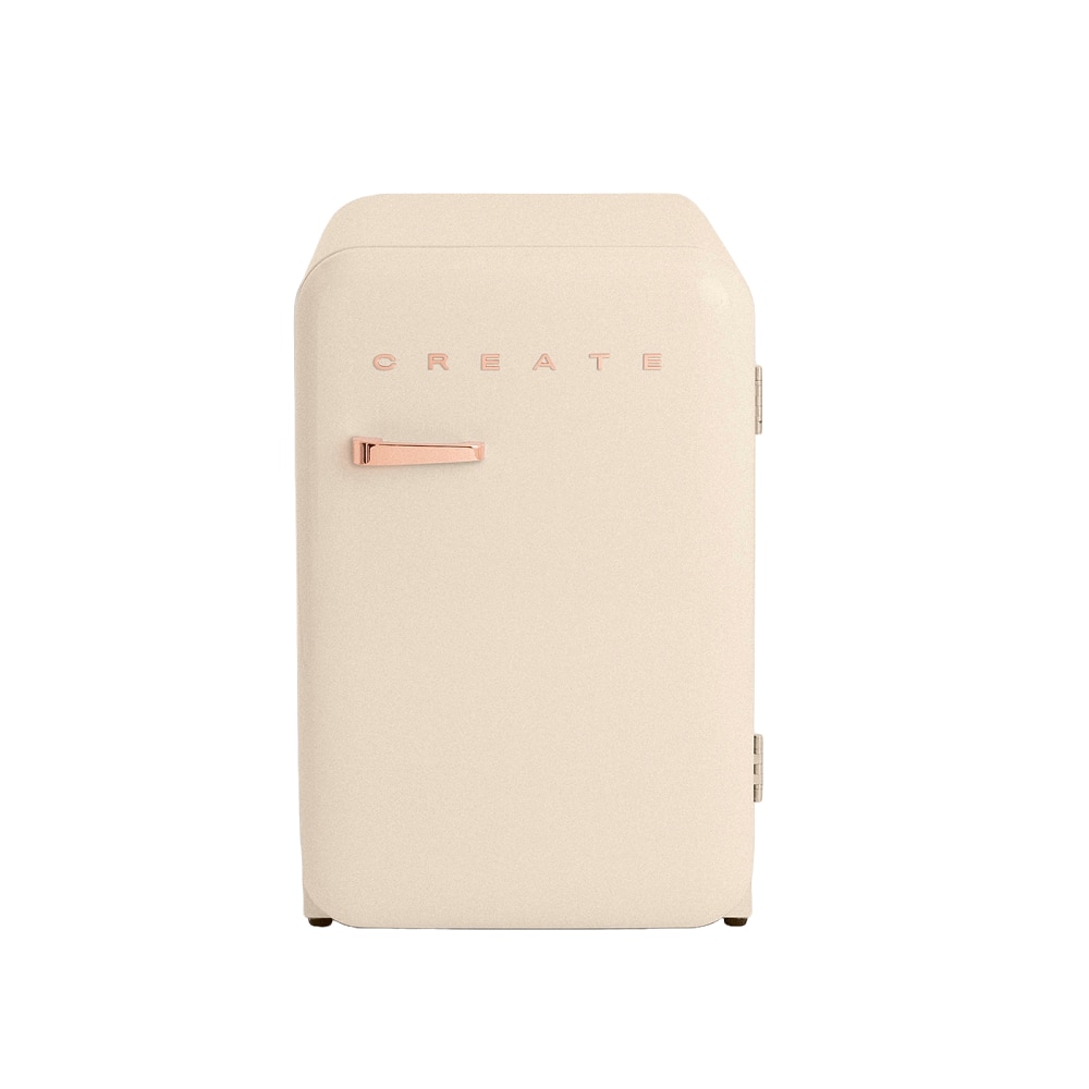 Mini frigider Retro CREATE, capacitate 107 litri, H 84 cm, ideal pentru birou/hotel/rulota, congelator 15 litri, temperatura reglabila, 2 rafturi din sticla, 1 raft otel pentru sticle, 3 compartimente pe usa, sertar fructe/legume, maner rose gold, crem