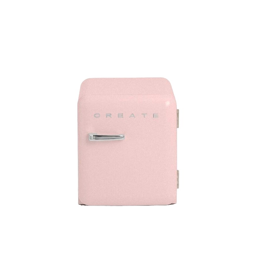 Frigider minibar Retro CREATE, capacitate 48 litri, H 50 cm, ideal pentru birou/hotel/rulota, temperatura reglabila, 1 raft otel, 2 compartimente pe usa, maner ergonomic, design compact, picioare ajustabile, maner silver, roz pastel