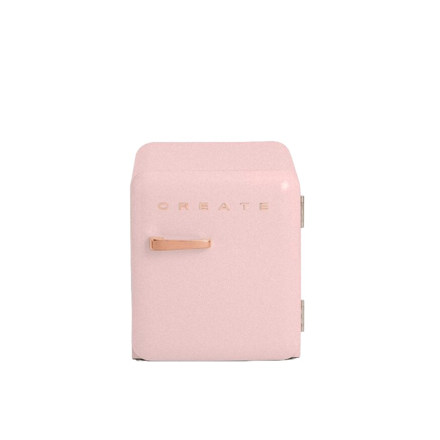 Frigider minibar Retro CREATE, capacitate 48 litri, H 50 cm, ideal pentru birou/hotel/rulota, temperatura reglabila, 1 raft otel, 2 compartimente pe usa, maner ergonomic, design compact, picioare ajustabile, maner rose gold, roz pastel