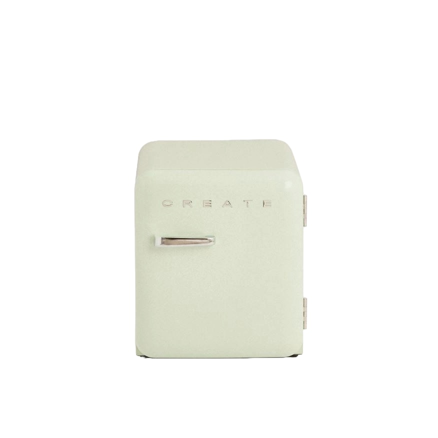 Frigider minibar Retro CREATE, capacitate 48 litri, H 50 cm, ideal pentru birou/hotel/rulota, temperatura reglabila, 1 raft otel, 2 compartimente pe usa, maner ergonomic, design compact, picioare ajustabile, maner silver, verde pastel