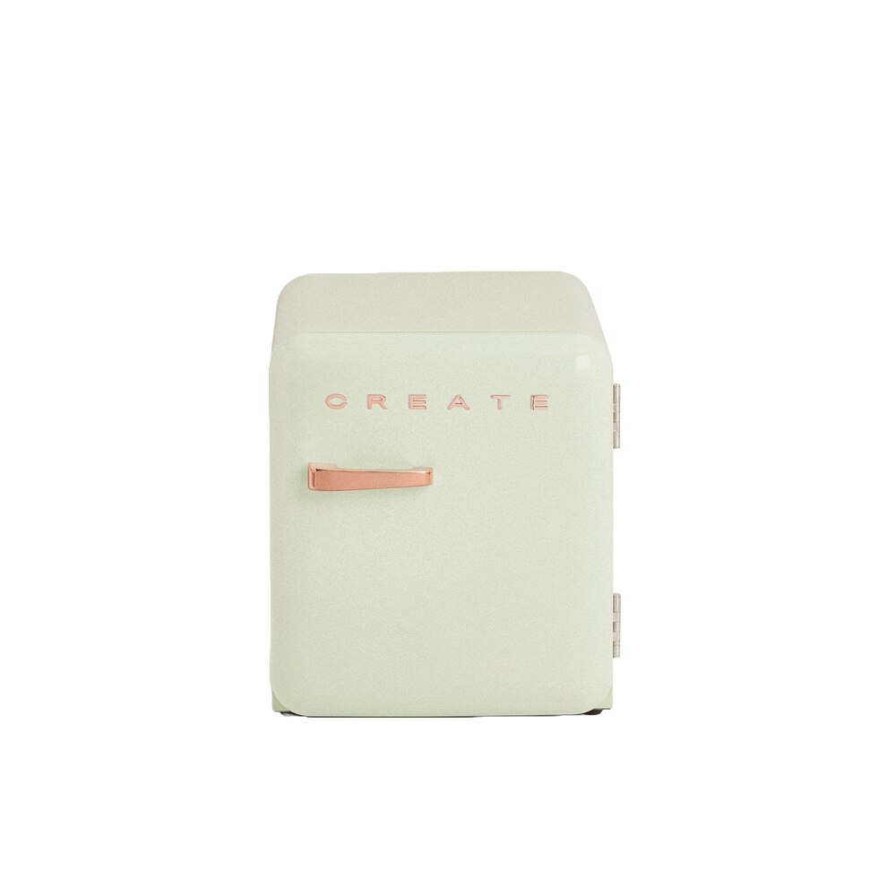 Frigider minibar Retro CREATE, capacitate 48 litri, H 50 cm, ideal pentru birou/hotel/rulota, temperatura reglabila, 1 raft otel, 2 compartimente pe usa, maner ergonomic, design compact, picioare ajustabile, maner rose gold, verde pastel