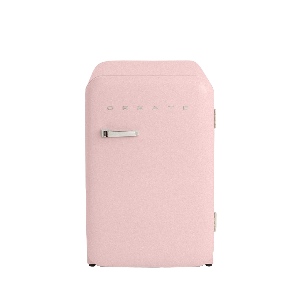 Mini frigider Retro CREATE, capacitate 107 l, H 84 cm, ideal pentru birou/hotel/rulota, congelator 15 litri, temperatura reglabila, 2 rafturi din sticla, 1 raft otel pentru sticle, 3 compartimente pe usa, sertar fructe/legume, maner silver, roz pastel