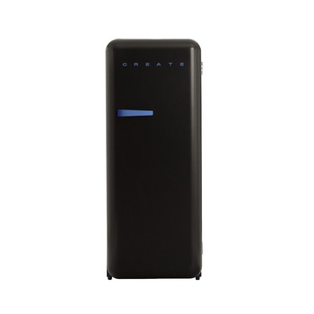Frigider Retro CREATE, capacitate 281 litri, H 150 cm, congelator 21 litri, temperatura reglabila, 3 rafturi din sticla, 1 raft otel pentru sticle, 4 compartimente pe usa, compartiment fructe/legume, iluminare interioara, maner albastru, negru Frigider Retro CREATE, capacitate 281 litri, H 150 cm, congelator 21 litri, temperatura reglabila, 3 rafturi din sticla, 1 raft otel pentru sticle, 4 compartimente pe usa, compartiment fructe/legume, iluminare interioara, maner albastru, negru