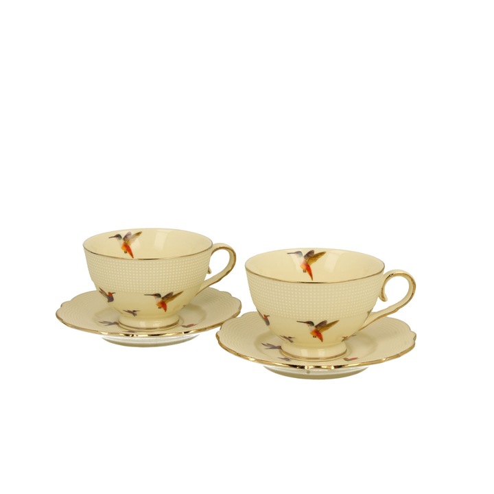 Set 2 cesti cu farfurie espresso Colibri, Duo, Portelan, 120 ml, Crem