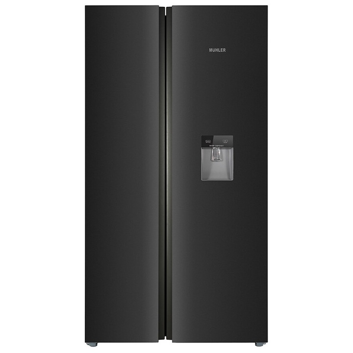 Frigider Side by side Muhler NF677SBSIE, No Frost, Dozator apa, 503l, H 177 cm, Clasa E, Dark Inox