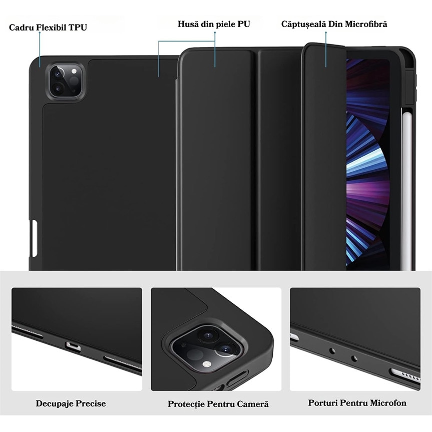 Husa de Protectie pentru iPad de 10, 2 inchi, Model 2021/2020/2019, Generatia 9/8/7, Husa cu Activare/Oprire Automata, Husa din piele cu slot pentru pix, Negru