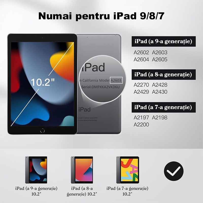 Husa de Protectie pentru iPad de 10, 2 inchi, Model 2021/2020/2019, Generatia 9/8/7, Husa cu Activare/Oprire Automata, Husa din piele cu slot pentru pix, Negru