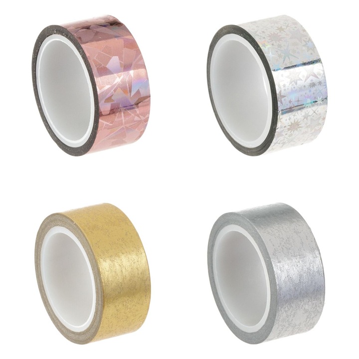 Set 4 Benzi Adezive Washi, 1.5 cm x 5 m, Design Holografic si Auriu, Pentru Scrapbooking si Proiecte DIY