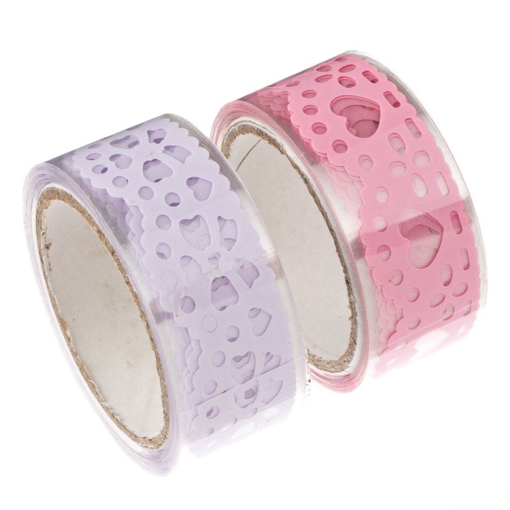 Set 2 Benzi Adezive Decorative cu Model Dantelat, 1, 8 cm x 5 m, Roz si Mov, Pentru Scrapbooking si Proiecte DIY