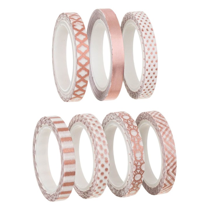 Set 7 Benzi Adezive Washi, 0.5 cm x 5 m, Design Rose Gold cu Motive Geometrice, Pentru Scrapbooking si Proiecte DIY
