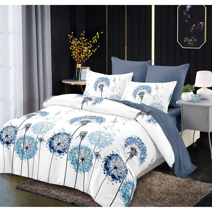 Lenjerie pat dublu 2 fete, 6 piese, 2 persoane, Imprimeu papadi 180x200cm, Finet Satinat multicolor